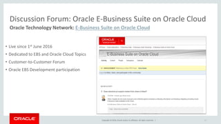 Copyright © 2016, Oracle and/or its affiliates. All rights reserved. | 63
Oracle Technology Network: E-Business Suite on Oracle Cloud
Discussion Forum: Oracle E-Business Suite on Oracle Cloud
• Live since 1st June 2016
• Dedicated to EBS and Oracle Cloud Topics
• Customer-to-Customer Forum
• Oracle EBS Development participation
 