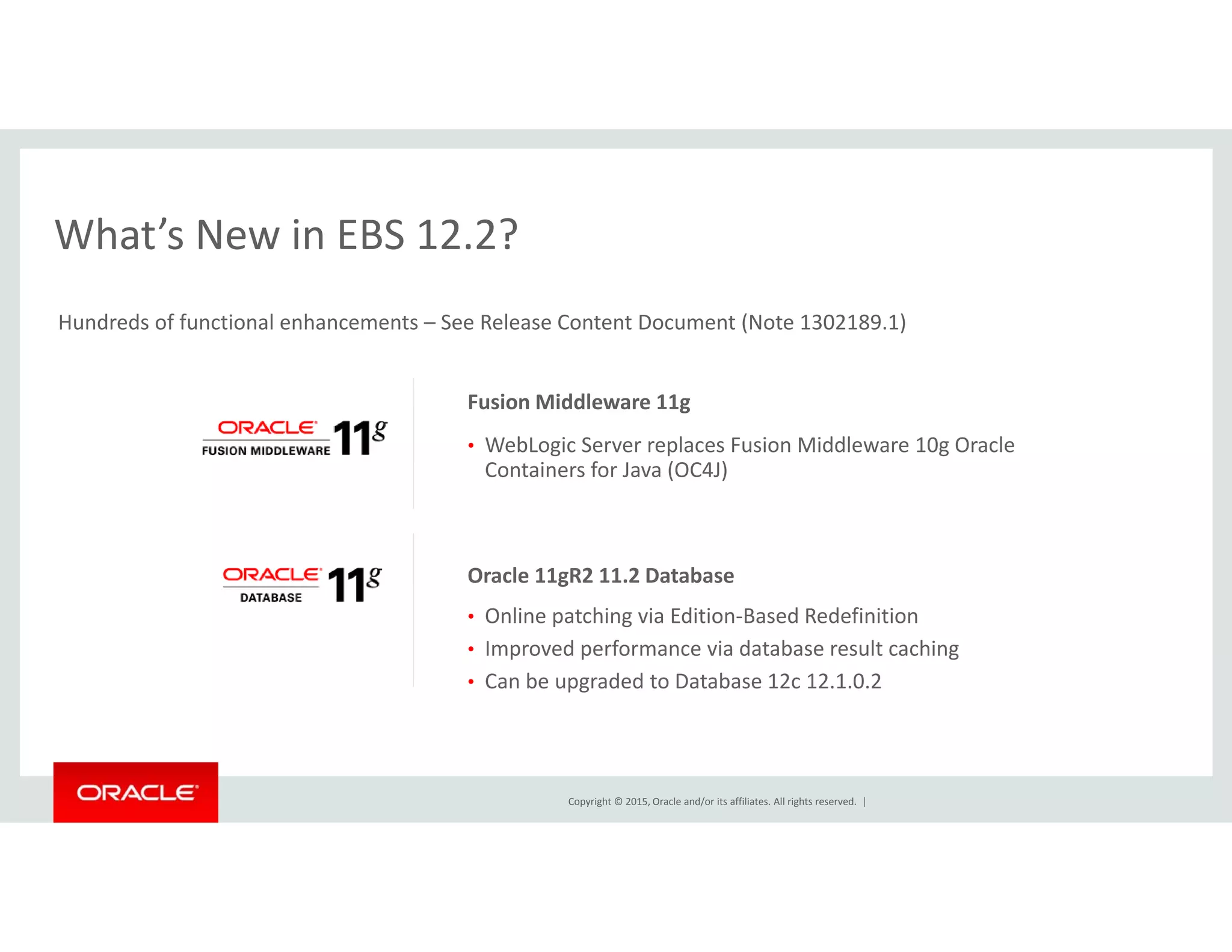 What’s New in EBS 12.2?What s New in EBS 12.2?
Hundreds of functional enhancements – See Release Content Document (Note 1302189.1)
Fusion Middleware 11g 
• WebLogic Server replaces Fusion Middleware 10g Oracle 
Containers for Java (OC4J)Containers for Java (OC4J)
Oracle 11gR2 11.2 Database
• Online patching via Edition‐Based Redefinition
• Improved performance via database result caching
• Can be upgraded to Database 12c 12.1.0.2
Copyright © 2015, Oracle and/or its affiliates. All rights reserved.  |
 