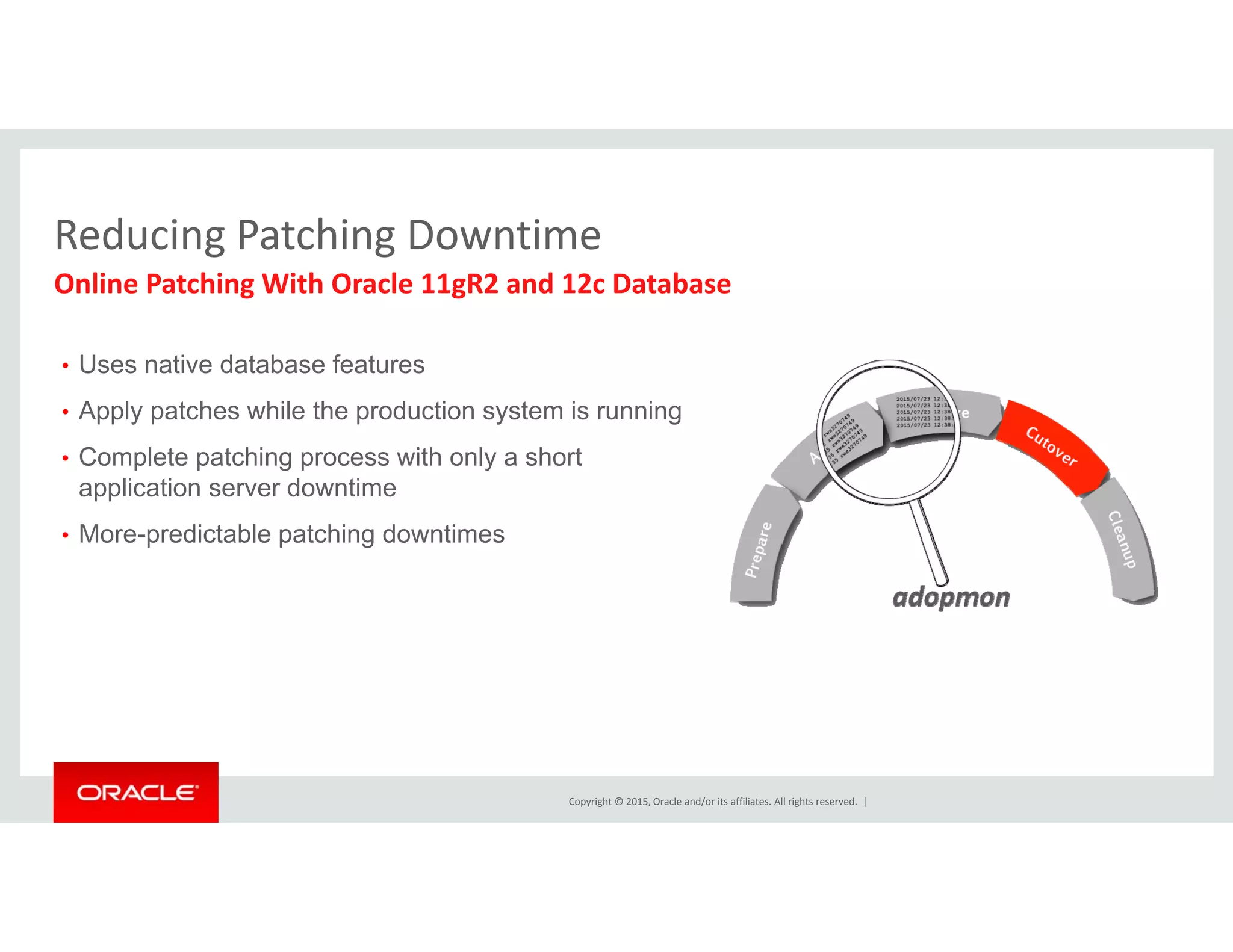 Reducing Patching Downtime
Online Patching With Oracle 11gR2 and 12c Database
Reducing Patching Downtime
Uses native database features• Uses native database features
• Apply patches while the production system is running
• Complete patching process with only a short
application server downtime
• More-predictable patching downtimes
Copyright © 2015, Oracle and/or its affiliates. All rights reserved.  |
 