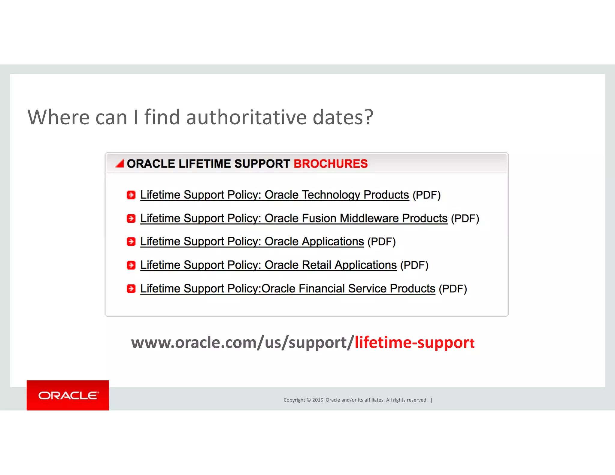 Where can I find authoritative dates?Where can I find authoritative dates?
www.oracle.com/us/support/lifetime‐support
Copyright © 2015, Oracle and/or its affiliates. All rights reserved.  |
 