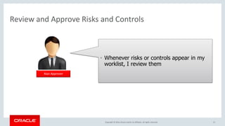 Copyright © 2016, Oracle and/or its affiliates. All rights reserved.
Review and Approve Risks and Controls
21
Alan Approver
• Whenever risks or controls appear in my
worklist, I review them
 