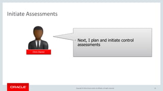 Copyright © 2016, Oracle and/or its affiliates. All rights reserved.
Initiate Assessments
24
Chris Owner
• Next, I plan and initiate control
assessments
 
