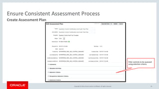 Copyright © 2016, Oracle and/or its affiliates. All rights reserved.
Ensure Consistent Assessment Process
Create Assessment Plan
26
Quarterly Control Certification and Audit Test Plan
Quarterly Control Certification and Audit Test Plan
Filter controls to be assessed
using selection criteria
 