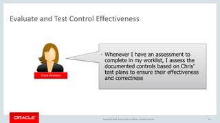 Copyright © 2016, Oracle and/or its affiliates. All rights reserved.
Evaluate and Test Control Effectiveness
29
Diane Assessor
• Whenever I have an assessment to
complete in my worklist, I assess the
documented controls based on Chris’
test plans to ensure their effectiveness
and correctness
 