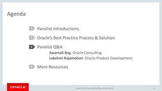 Copyright © 2016, Oracle and/or its affiliates. All rights reserved.
Agenda
Panelist Introductions
Oracle’s Best Practice Process & Solution
Panelist Q&A
Swarnali Bag Oracle Consulting
Lakshmi Rajamohan Oracle Product Development
More Resources
1
2
3
4
43
 