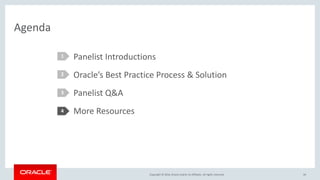Copyright © 2016, Oracle and/or its affiliates. All rights reserved.
Agenda
Panelist Introductions
Oracle’s Best Practice Process & Solution
Panelist Q&A
More Resources
1
2
3
4
44
 
