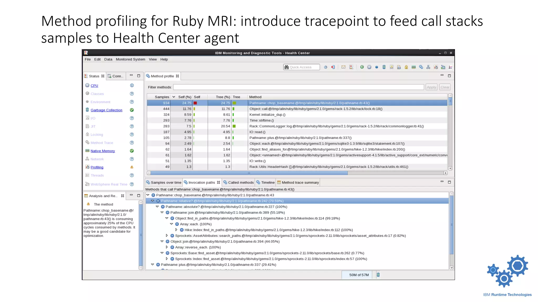 Method profiling for Ruby MRI: introduce tracepoint to feed call stacks
samples to Health Center agent
 