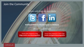 Copyright © 2014 Oracle and/or its affiliates. All rights reserved. | 2014 
2014 Oracle Excellence Award Ceremony for Fusion Middleware Innovation 
ORACLE FUSION MIDDLEWARE: CELEBRATE THIS YEAR'S MOST INNOVATIVE CUSTOMER SOLUTIONS 
Tuesday, September 30, 2014 5:00-5:45pm YBCA Theater (next to MosconeNorth) 
Session ID: CON7029  