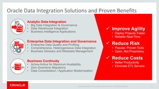 Copyright © 2014 Oracle and/or its affiliates. All rights reserved. | 
Oracle Data Integration Solutions and Proven Benefits 
Oracle OpenWorld 2014 4 
Improve Agility 
•Deploy Projects Faster 
•Reliable Real-Time Reduce Risk 
•Popular, Proven Tools 
•Open, Not Proprietary Reduce Costs 
•Better Productivity 
•Eliminate ETL Servers 
Analytic Data Integration 
•Big Data Integration & Governance 
•Data Warehouse Integration 
•Business Intelligence Applications 
Enterprise Data Integration and Governance 
•Enterprise Data Quality and Profiling 
•Comprehensive, Heterogeneous Data Integration 
•Business Glossary and Metadata Management 
Business Continuity 
•Active-Active for Maximum Availability 
•Zero Downtime Migrations 
•Data Consolidation / Application Modernization 
24 x 7 x 365  