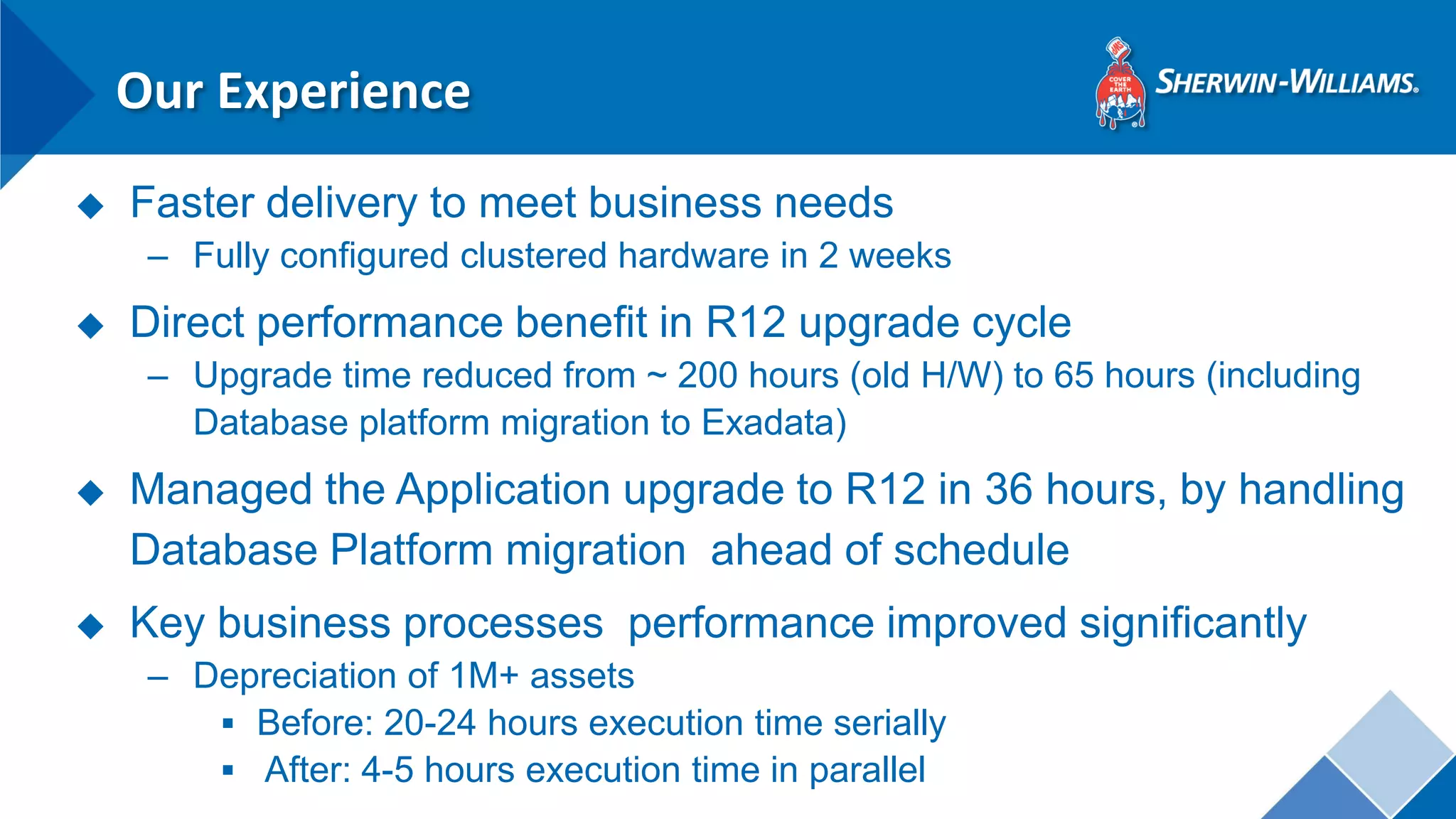 Our Experience 
◆Faster delivery to meet business needs 
–Fully configured clustered hardware in 2 weeks 
◆Direct performance benefit in R12 upgrade cycle 
–Upgrade time reduced from ~ 200 hours (old H/W) to 65 hours (including Database platform migration to Exadata) 
◆Managed the Application upgrade to R12 in 36 hours, by handling Database Platform migration ahead of schedule 
◆Key business processes performance improved significantly 
–Depreciation of 1M+ assets 
Before: 20-24 hours execution time serially 
 After: 4-5 hours execution time in parallel  