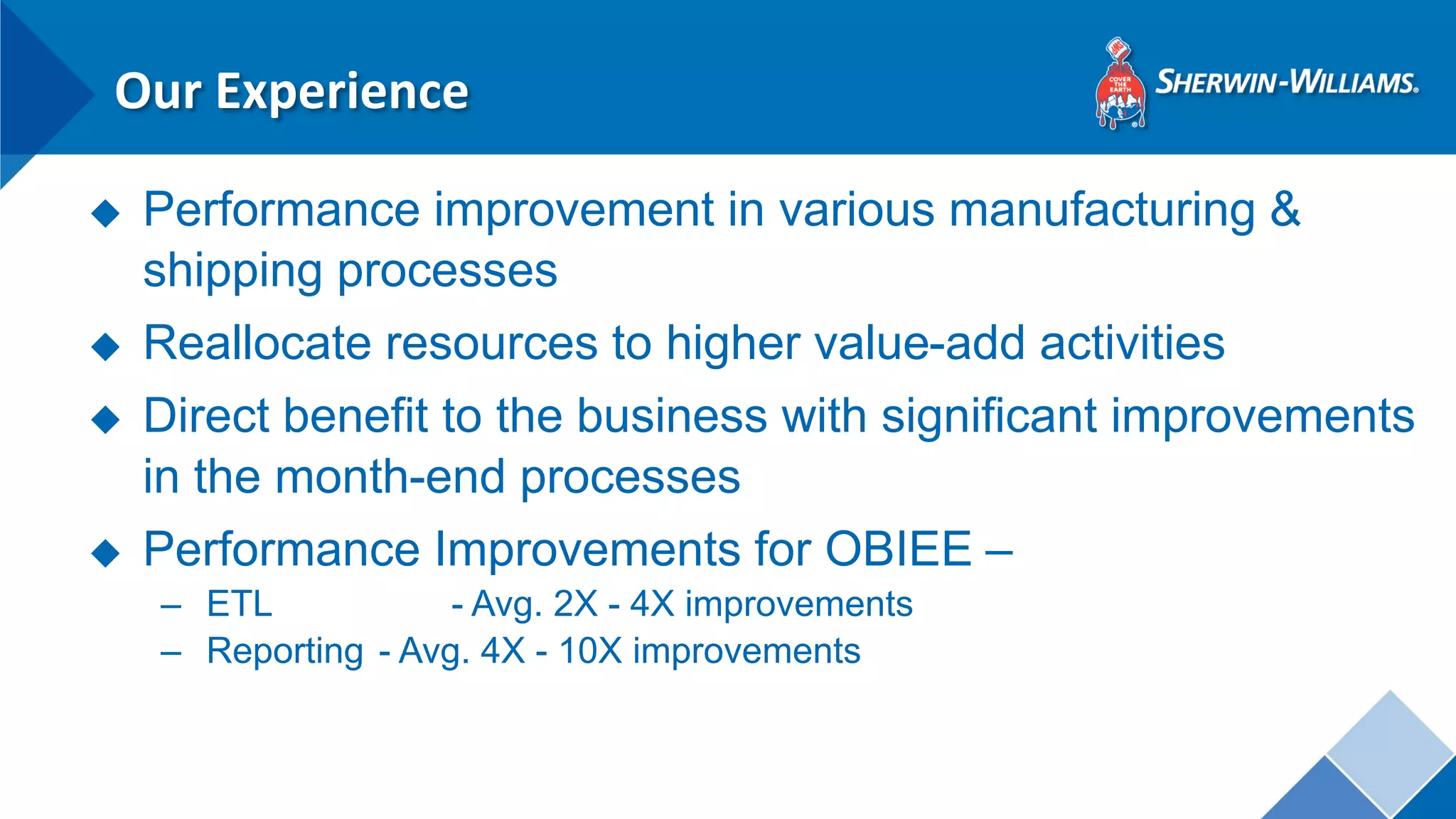 Our Experience 
◆Performance improvement in various manufacturing & shipping processes 
◆Reallocate resources to higher value-add activities 
◆Direct benefit to the business with significant improvements in the month-end processes 
◆Performance Improvements for OBIEE – 
–ETL - Avg. 2X - 4X improvements 
–Reporting - Avg. 4X - 10X improvements  