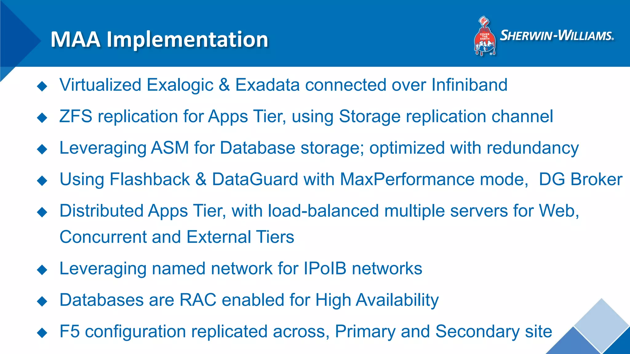 MAA Implementation 
◆Virtualized Exalogic & Exadata connected over Infiniband 
◆ZFS replication for Apps Tier, using Storage replication channel 
◆Leveraging ASM for Database storage; optimized with redundancy 
◆Using Flashback & DataGuard with MaxPerformance mode, DG Broker 
◆Distributed Apps Tier, with load-balanced multiple servers for Web, Concurrent and External Tiers 
◆Leveraging named network for IPoIB networks 
◆Databases are RAC enabled for High Availability 
◆F5 configuration replicated across, Primary and Secondary site  