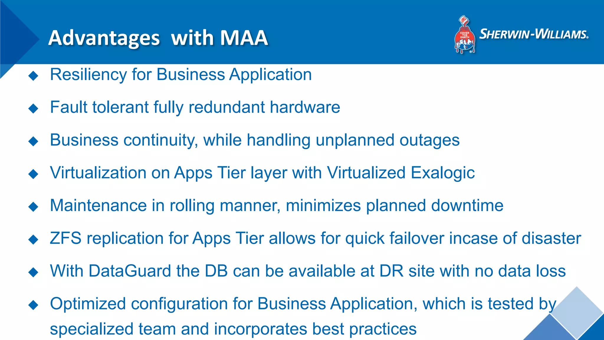 Advantages with MAA 
◆Resiliency for Business Application 
◆Fault tolerant fully redundant hardware 
◆Business continuity, while handling unplanned outages 
◆Virtualization on Apps Tier layer with Virtualized Exalogic 
◆Maintenance in rolling manner, minimizes planned downtime 
◆ZFS replication for Apps Tier allows for quick failover incase of disaster 
◆With DataGuard the DB can be available at DR site with no data loss 
◆Optimized configuration for Business Application, which is tested by specialized team and incorporates best practices  