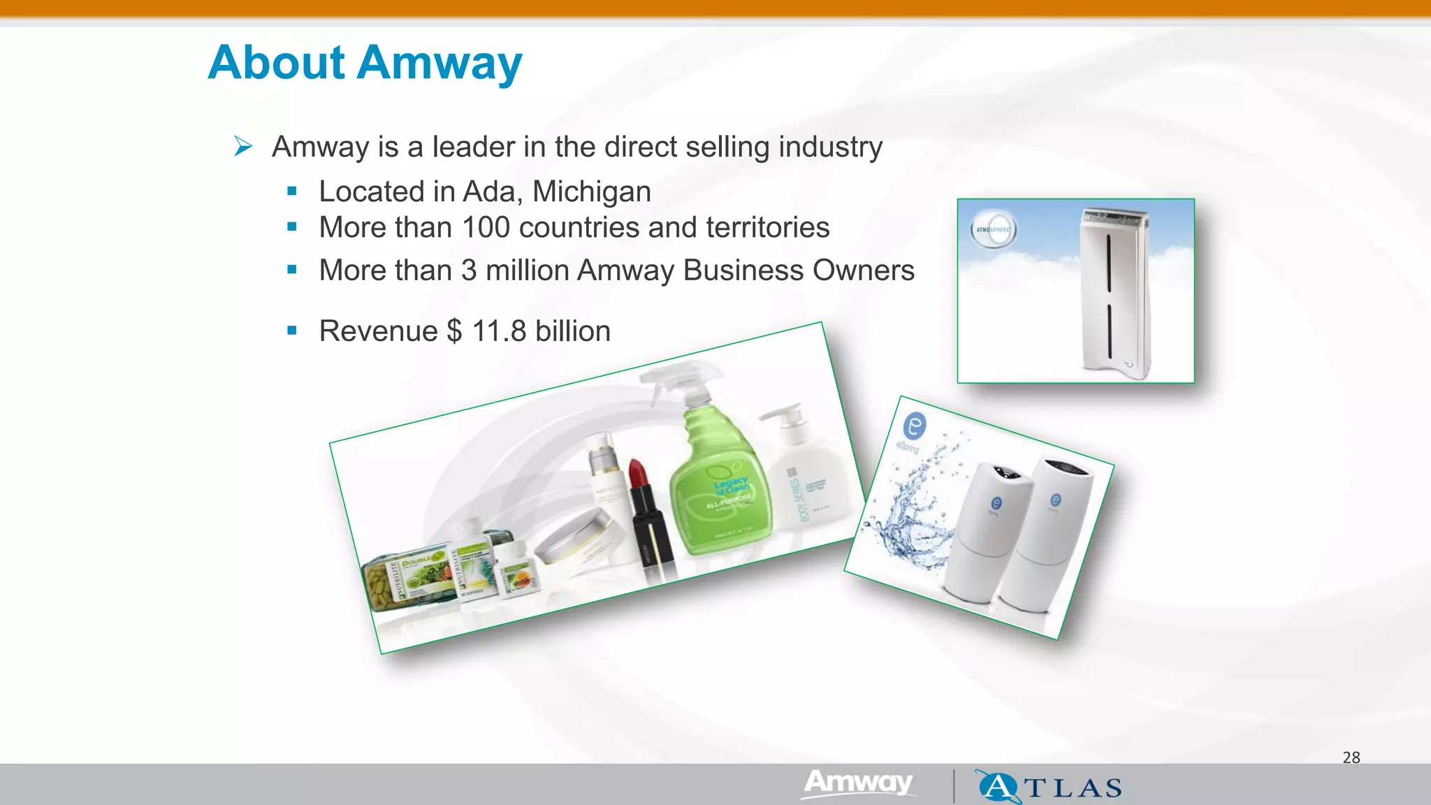 28 
About Amway 
Amway is a leader in the direct selling industry 
Located in Ada, Michigan 
More than 100 countries and territories 
More than 3 million Amway Business Owners 
Revenue $ 11.8 billion  