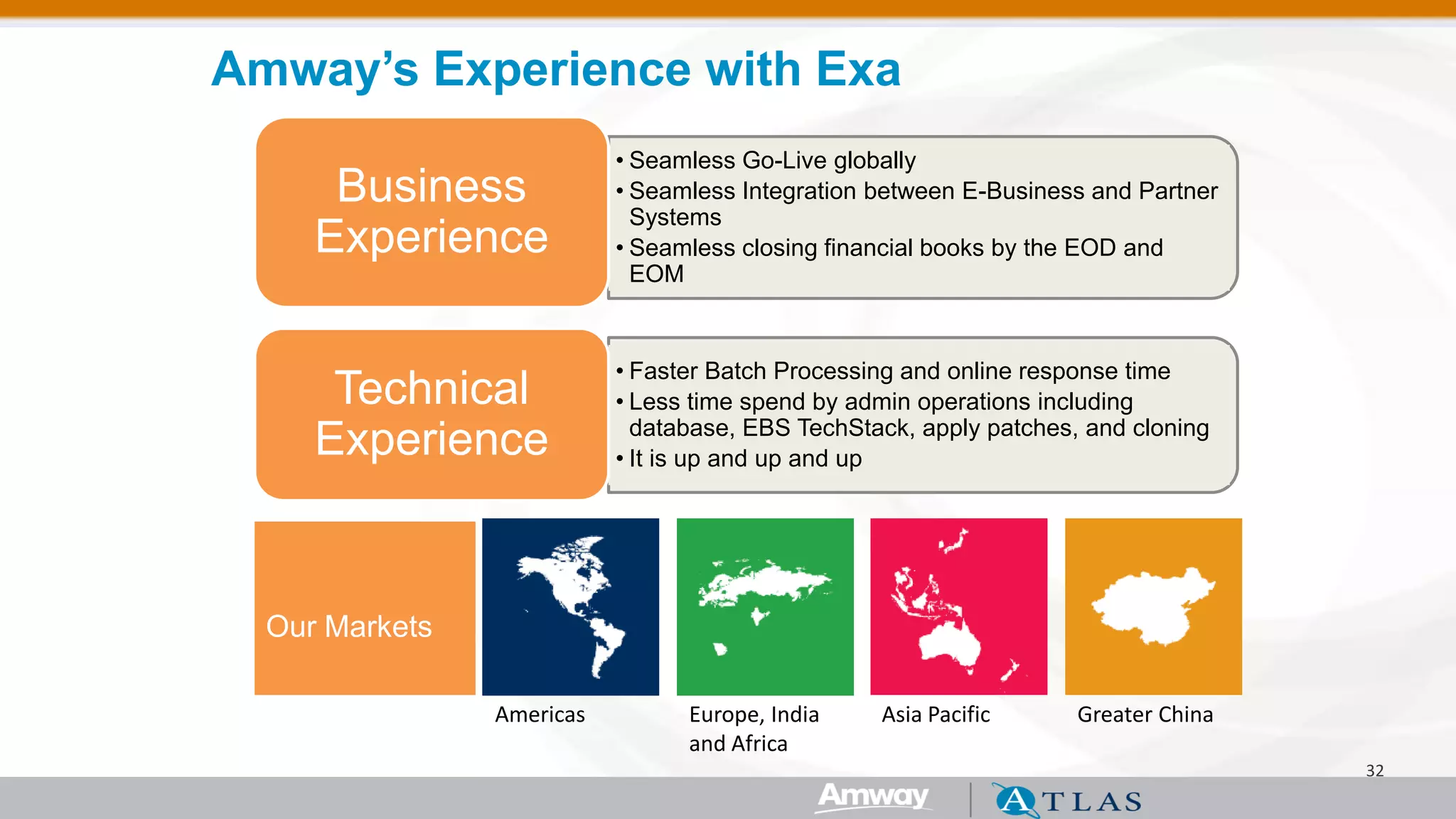 32 
Amway’s Experience with Exa 
•Seamless Go-Live globally 
•Seamless Integration between E-Business and Partner Systems 
•Seamless closing financial books by the EOD and EOM 
Business Experience 
•Faster Batch Processing and online response time 
•Less time spend by admin operations including database, EBS TechStack, apply patches, and cloning 
•It is up and up and up 
Technical Experience 
Americas 
Europe, India and Africa 
Asia Pacific 
Greater China 
Our Markets  