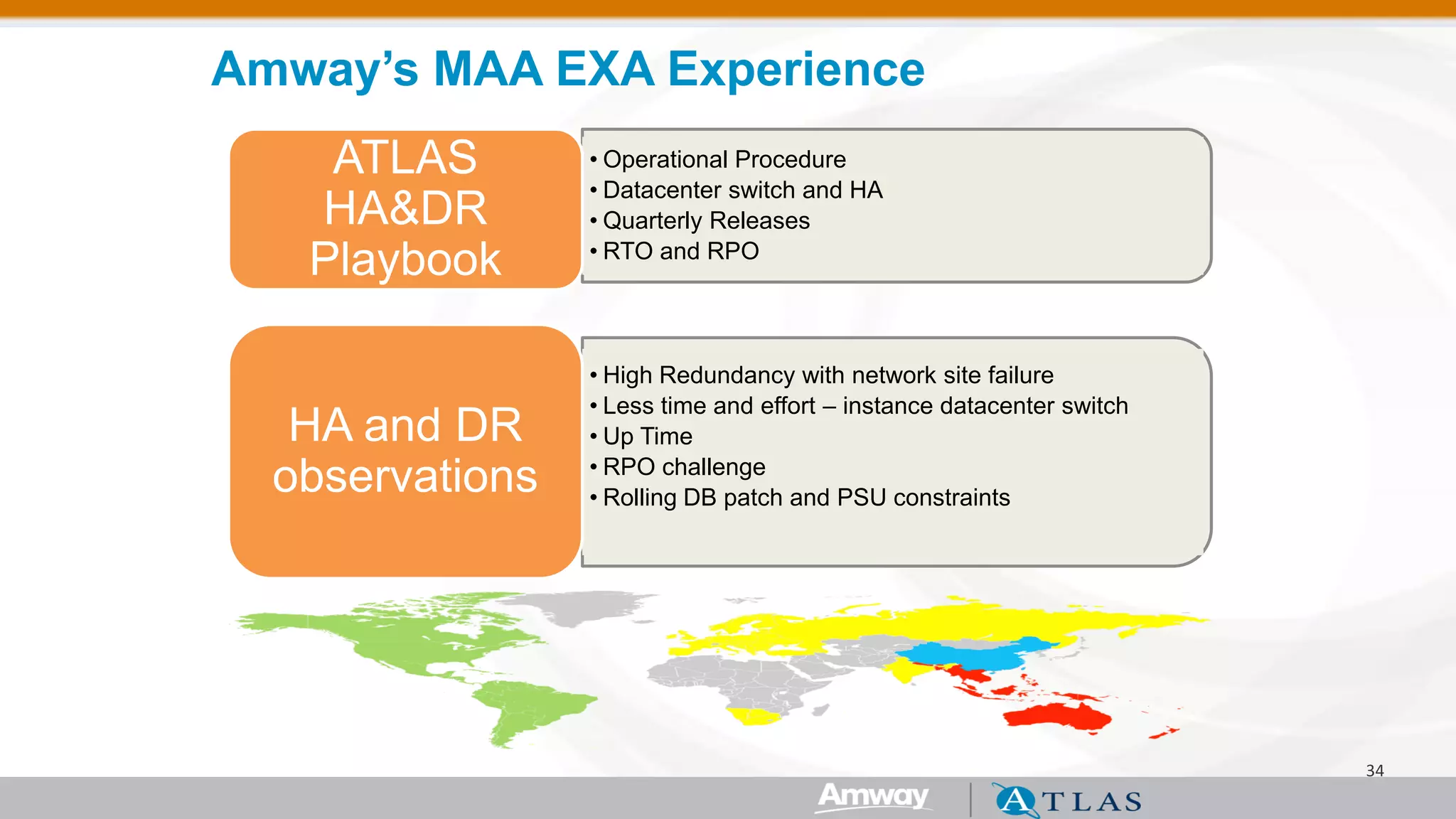 34 
•Operational Procedure 
•Datacenter switch and HA 
•Quarterly Releases 
•RTO and RPO 
ATLAS HA&DR Playbook 
•High Redundancy with network site failure 
•Less time and effort – instance datacenter switch 
•Up Time 
•RPO challenge 
•Rolling DB patch and PSU constraints 
HA and DR observations 
Amway’s MAA EXA Experience  