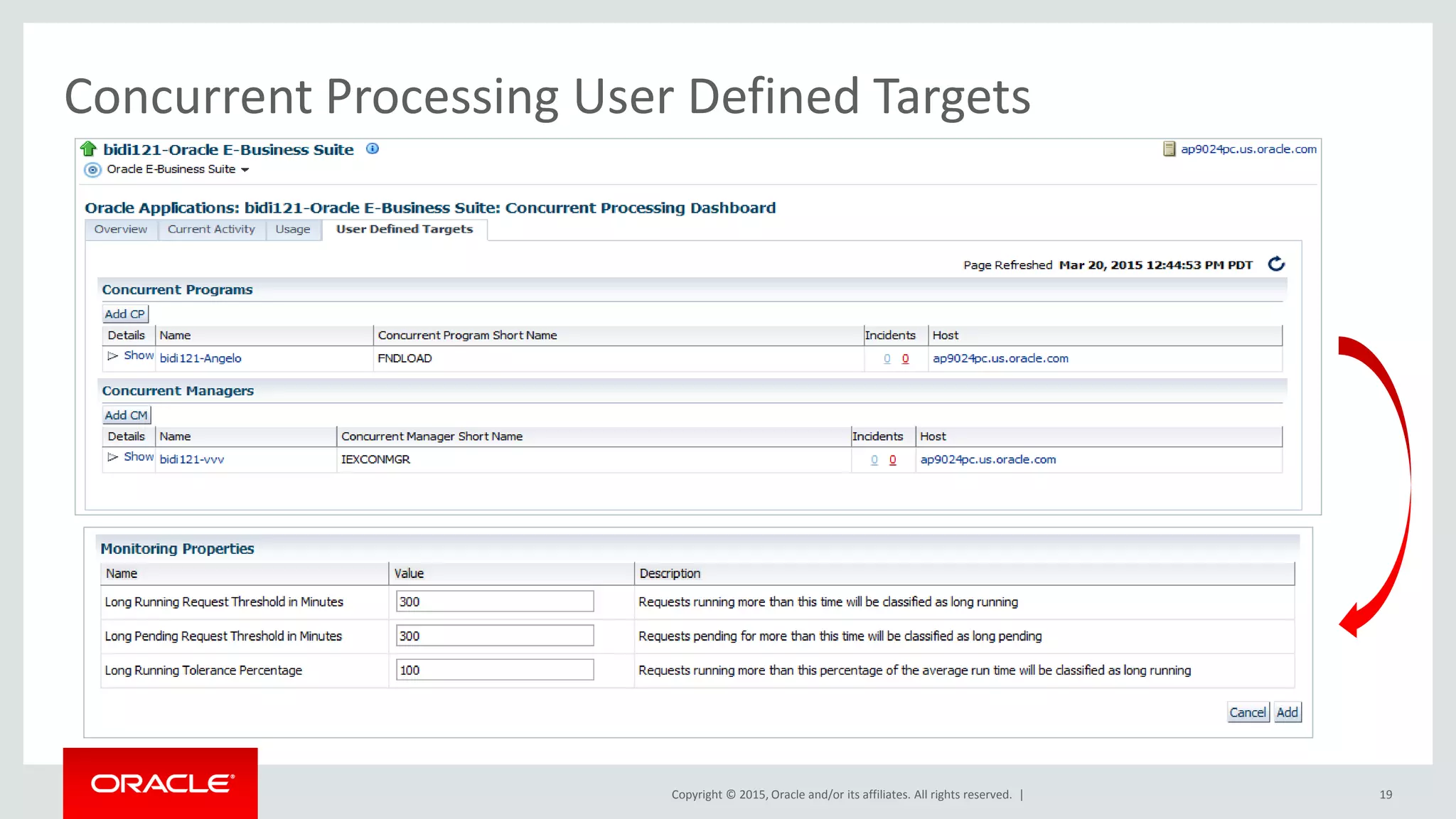 Copyright © 2015, Oracle and/or its affiliates. All rights reserved. |
Concurrent Processing User Defined Targets
19
 