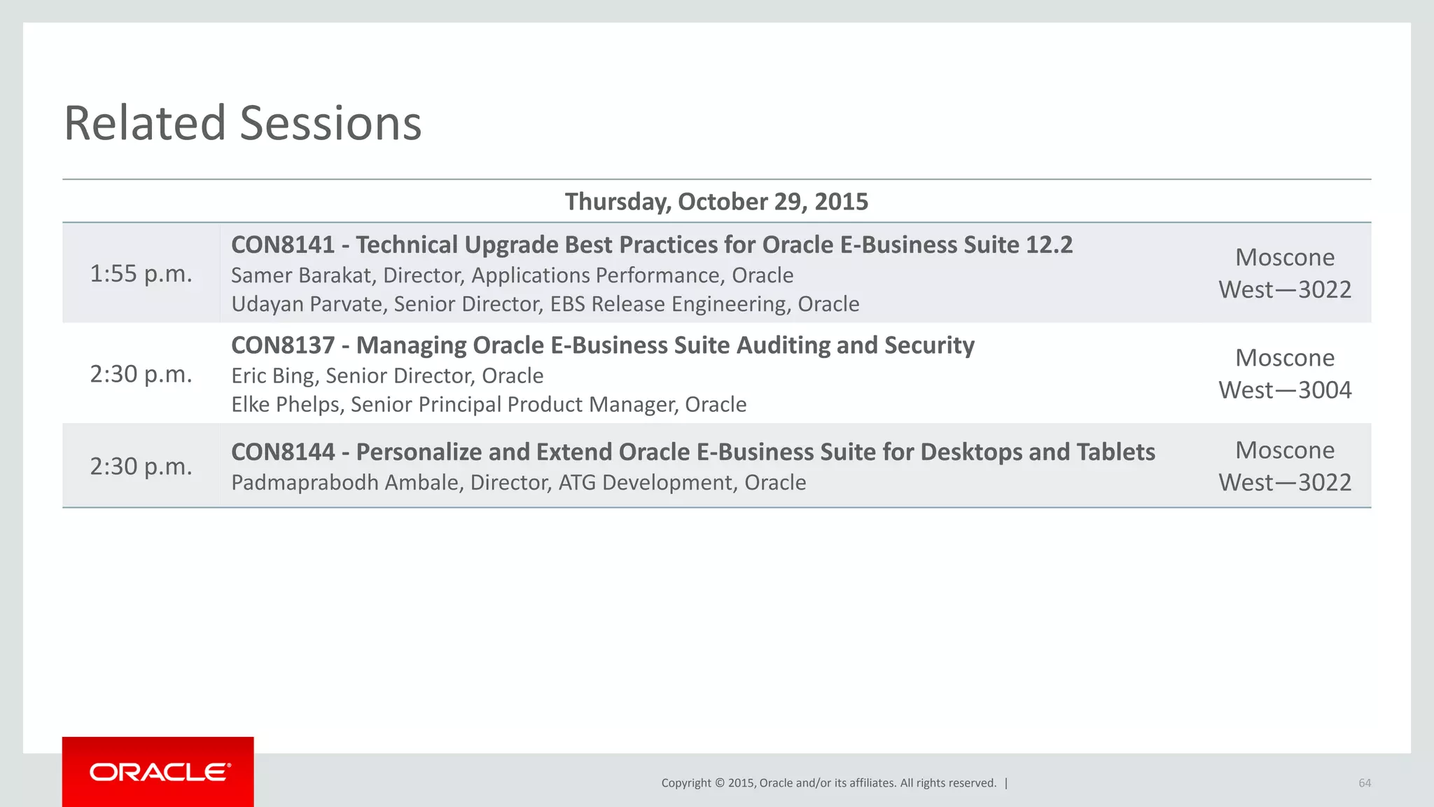 Copyright © 2015, Oracle and/or its affiliates. All rights reserved. |
Related Sessions
Thursday, October 29, 2015
1:55 p.m.
CON8141 - Technical Upgrade Best Practices for Oracle E-Business Suite 12.2
Samer Barakat, Director, Applications Performance, Oracle
Udayan Parvate, Senior Director, EBS Release Engineering, Oracle
Moscone
West—3022
2:30 p.m.
CON8137 - Managing Oracle E-Business Suite Auditing and Security
Eric Bing, Senior Director, Oracle
Elke Phelps, Senior Principal Product Manager, Oracle
Moscone
West—3004
2:30 p.m.
CON8144 - Personalize and Extend Oracle E-Business Suite for Desktops and Tablets
Padmaprabodh Ambale, Director, ATG Development, Oracle
Moscone
West—3022
64
 