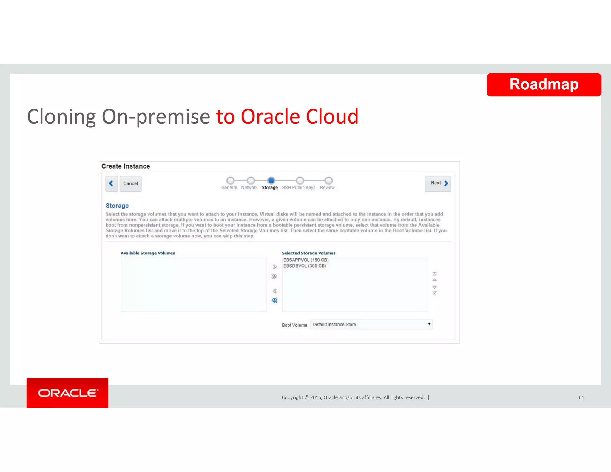 Cloning On‐premise to Oracle Cloud
Roadmap
Cloning On premise to Oracle Cloud
Copyright © 2015, Oracle and/or its affiliates. All rights reserved.  | 61
 