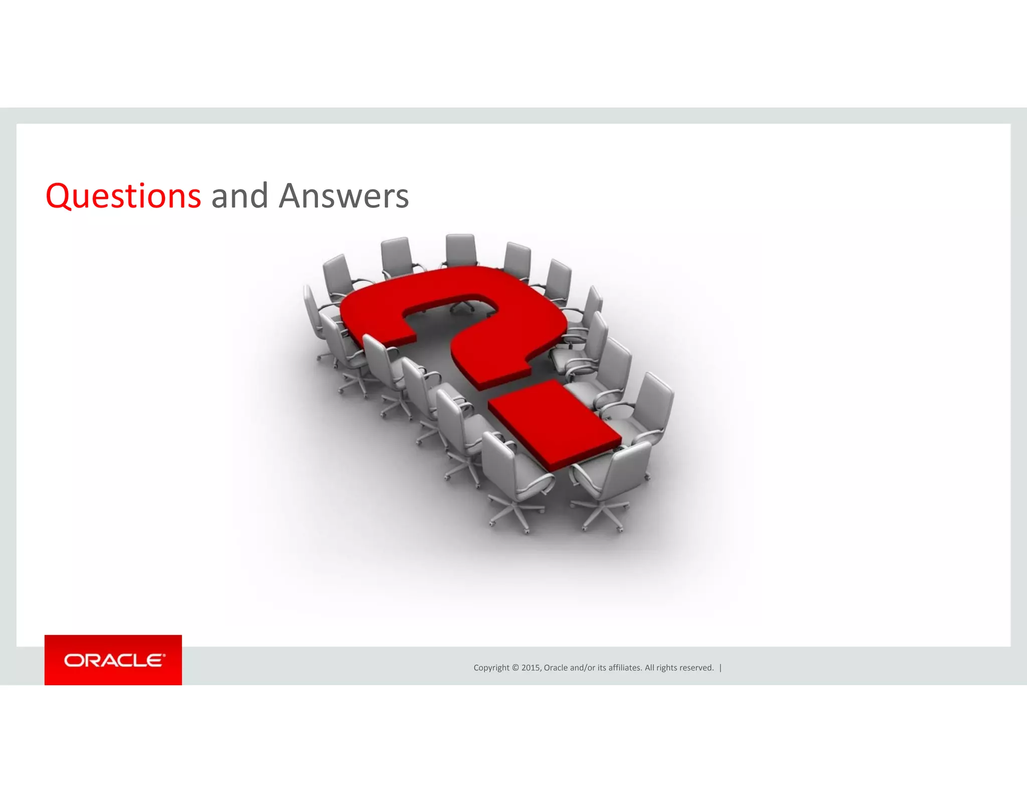 Questions and AnswersQuestions and Answers
Copyright © 2015, Oracle and/or its affiliates. All rights reserved.  |
 