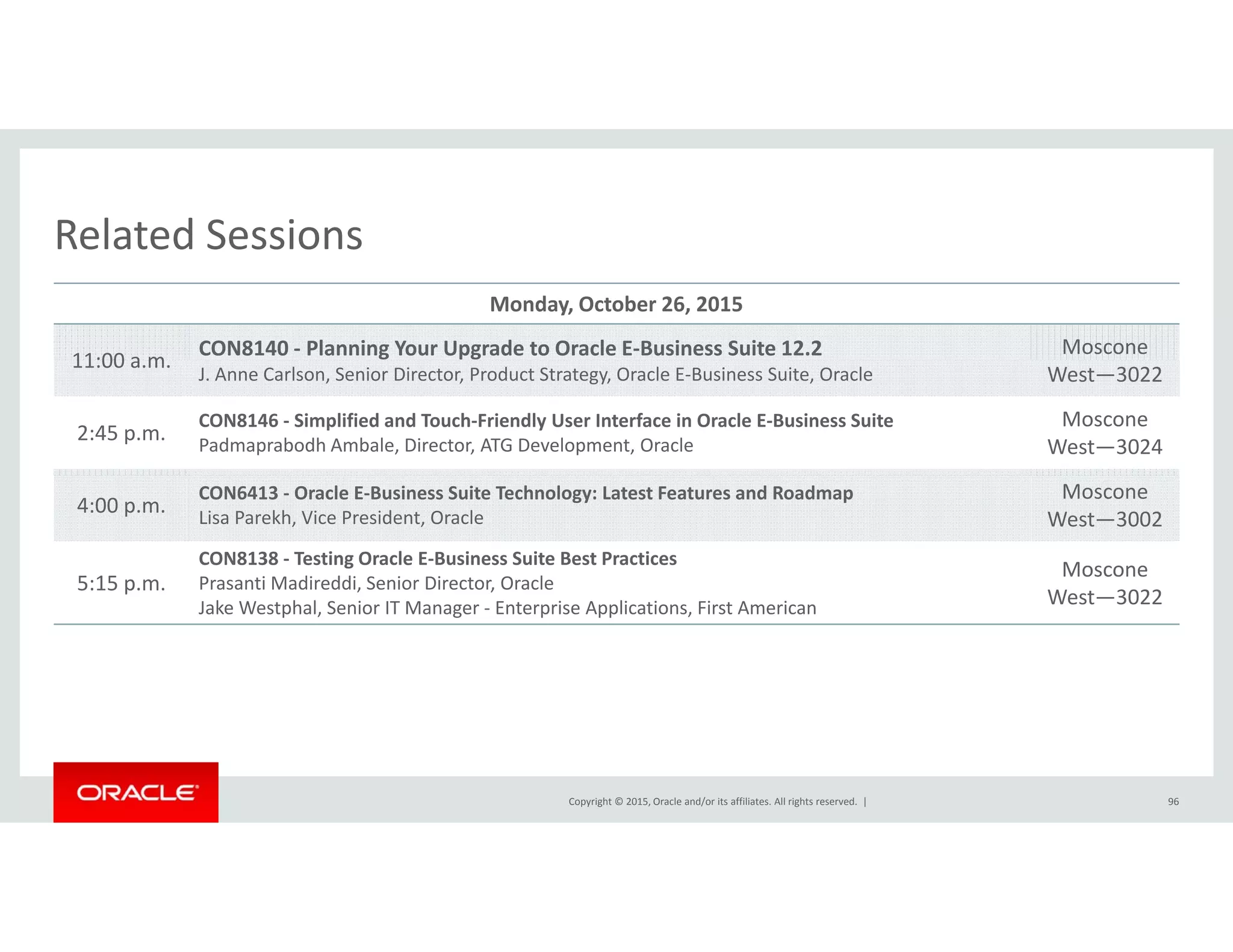 Related SessionsRelated Sessions
Monday, October 26, 2015
11:00 a m
CON8140 ‐ Planning Your Upgrade to Oracle E‐Business Suite 12.2 Moscone
11:00 a.m.
J. Anne Carlson, Senior Director, Product Strategy, Oracle E‐Business Suite, Oracle West—3022
2:45 p.m.
CON8146 ‐ Simplified and Touch‐Friendly User Interface in Oracle E‐Business Suite
Padmaprabodh Ambale, Director, ATG Development, Oracle
Moscone
West—3024
4:00 p.m.
CON6413 ‐ Oracle E‐Business Suite Technology: Latest Features and Roadmap
Lisa Parekh, Vice President, Oracle
Moscone
West—3002
5:15 p.m.
CON8138 ‐ Testing Oracle E‐Business Suite Best Practices
Prasanti Madireddi, Senior Director, Oracle
Moscone
W t 3022
p , ,
Jake Westphal, Senior IT Manager ‐ Enterprise Applications, First American West—3022
Copyright © 2015, Oracle and/or its affiliates. All rights reserved.  | 96
 