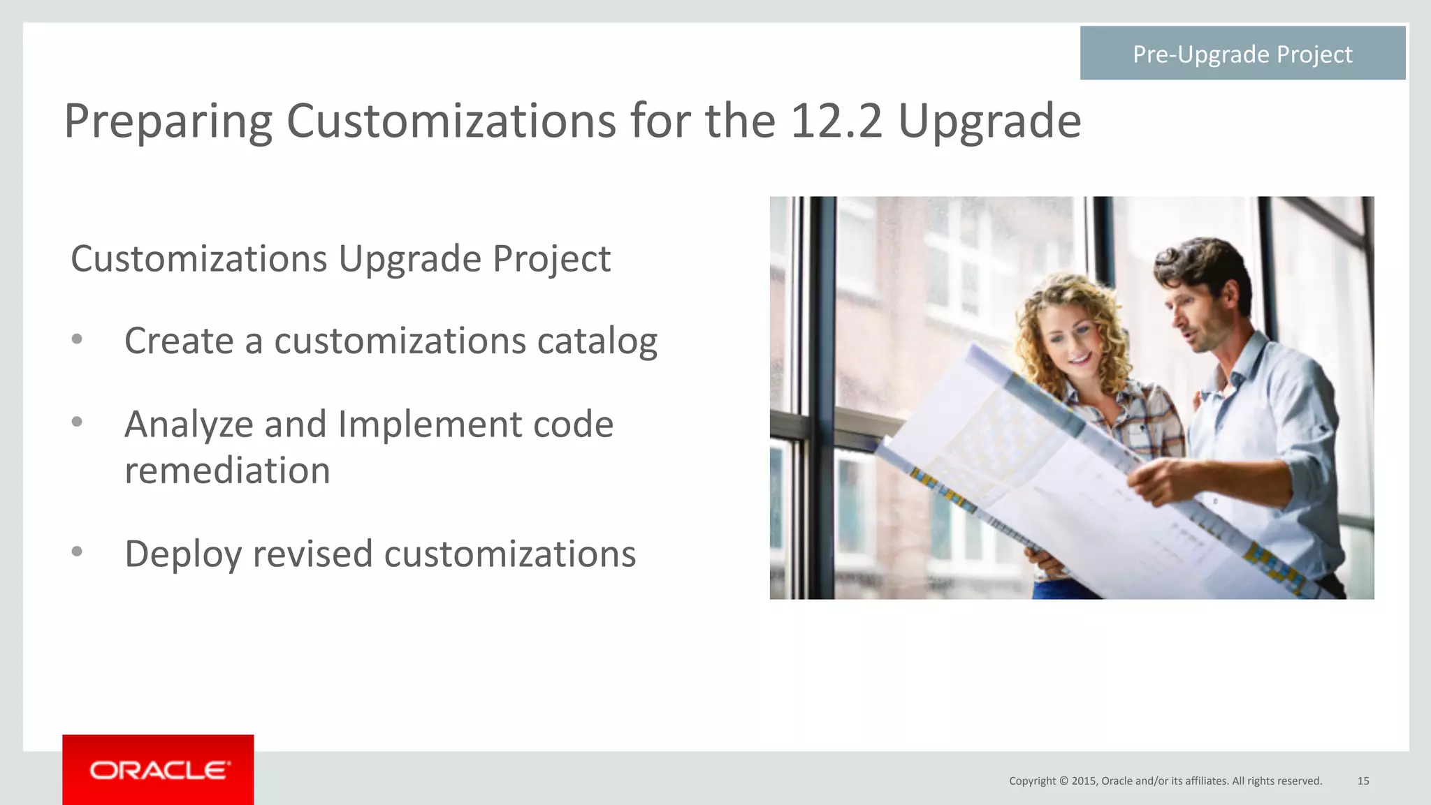 Copyright	©	2015,	Oracle	and/or	its	affiliates.	All	rights	reserved.
Preparing	Customizations	for	the	12.2	Upgrade
15
Customizations	Upgrade	Project	
• Create	a	customizations	catalog	
• Analyze	and	Implement	code	
remediation	
• Deploy	revised	customizations	
Pre-Upgrade	Project	
 