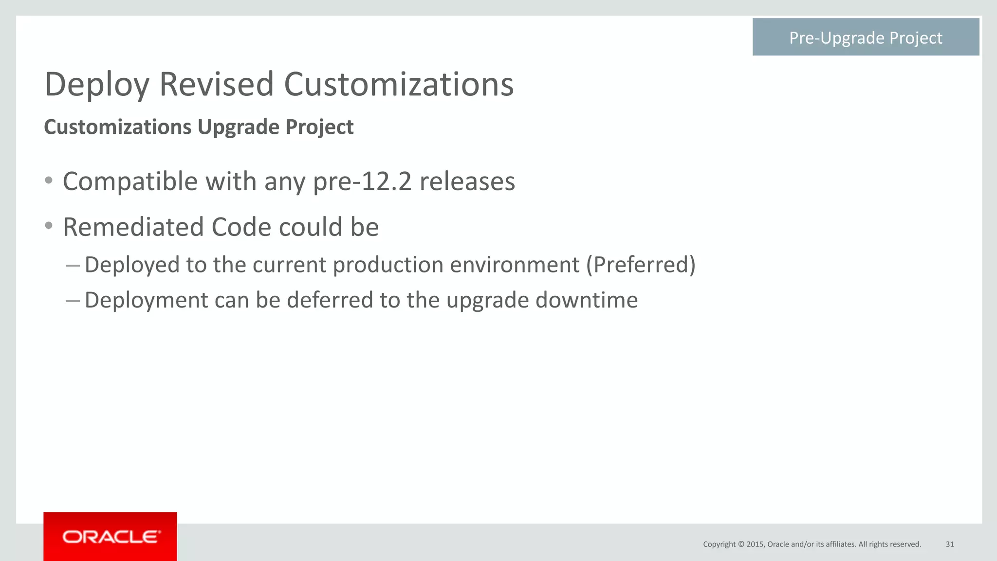 Copyright	©	2015,	Oracle	and/or	its	affiliates.	All	rights	reserved.
Deploy	Revised	Customizations
• Compatible	with	any	pre-12.2	releases	
• Remediated	Code	could	be	
– Deployed	to	the	current	production	environment	(Preferred)	
– Deployment	can	be	deferred	to	the	upgrade	downtime
31
Customizations	Upgrade	Project
Pre-Upgrade	Project	
 