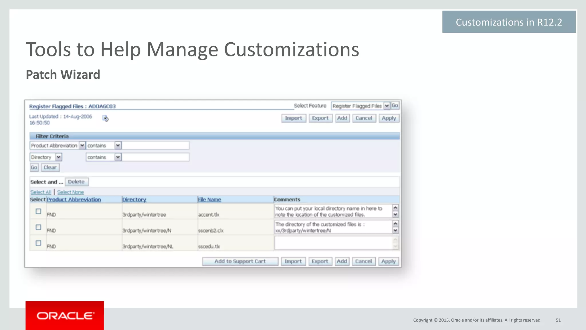 Copyright	©	2015,	Oracle	and/or	its	affiliates.	All	rights	reserved. 51
Patch	Wizard
Tools	to	Help	Manage	Customizations
Customizations	in	R12.2	
 