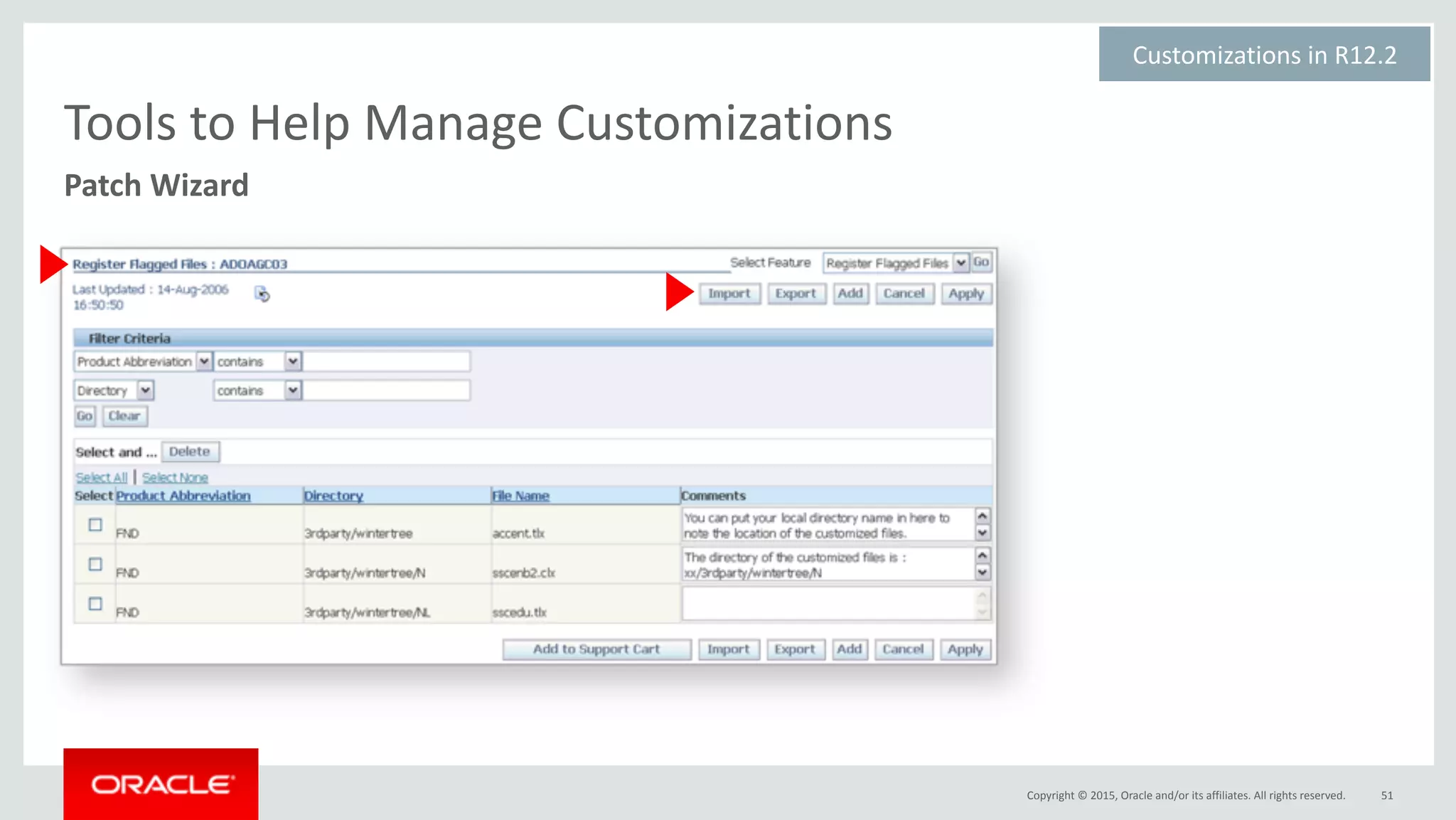 Copyright	©	2015,	Oracle	and/or	its	affiliates.	All	rights	reserved. 51
Patch	Wizard
Tools	to	Help	Manage	Customizations
Customizations	in	R12.2	
 