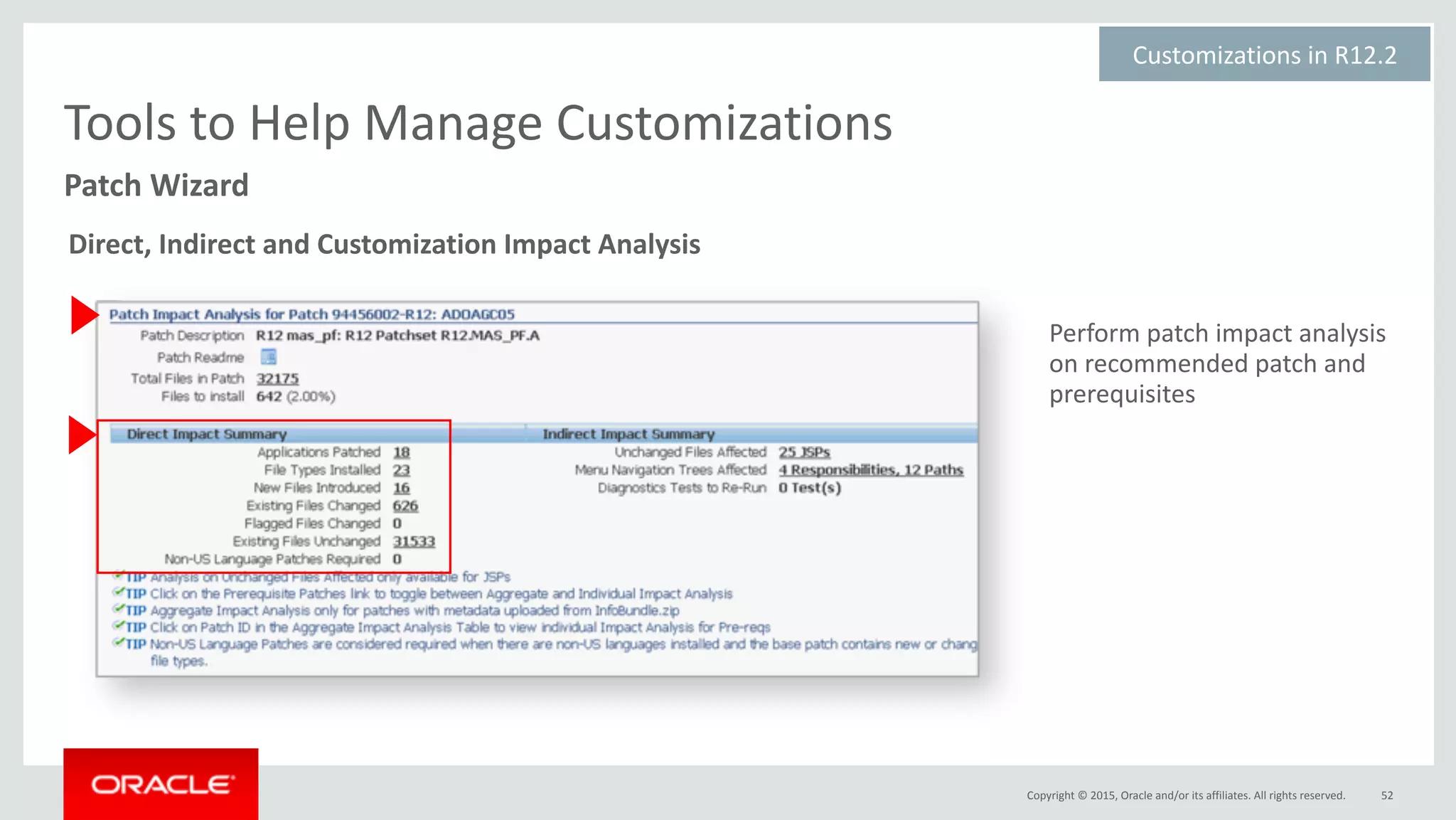 Copyright	©	2015,	Oracle	and/or	its	affiliates.	All	rights	reserved.
Perform	patch	impact	analysis	
on	recommended	patch	and	
prerequisites
52
Patch	Wizard
Tools	to	Help	Manage	Customizations
Customizations	in	R12.2	
Direct,	Indirect	and	Customization	Impact	Analysis	
 