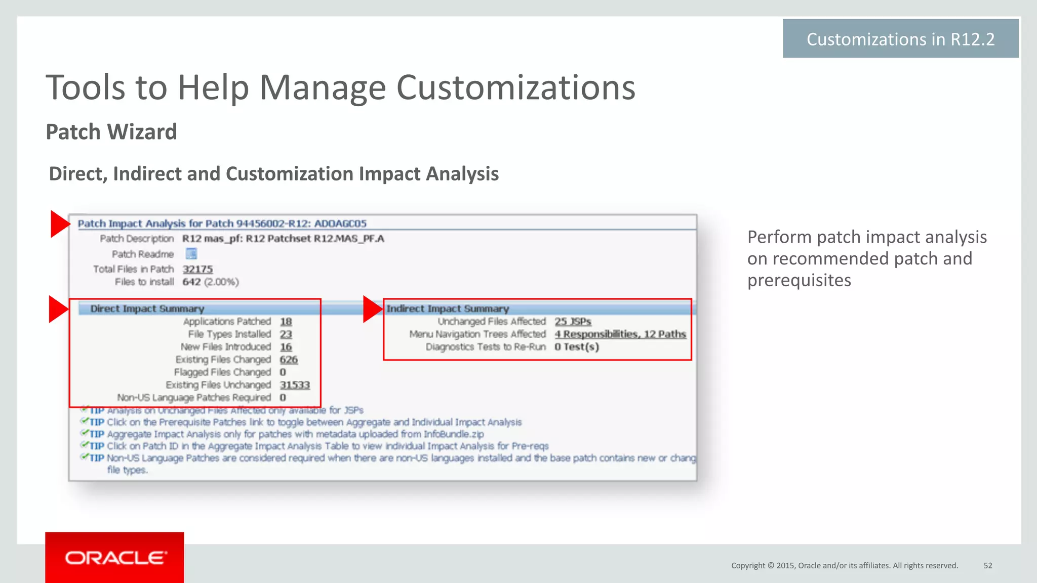 Copyright	©	2015,	Oracle	and/or	its	affiliates.	All	rights	reserved.
Perform	patch	impact	analysis	
on	recommended	patch	and	
prerequisites
52
Patch	Wizard
Tools	to	Help	Manage	Customizations
Customizations	in	R12.2	
Direct,	Indirect	and	Customization	Impact	Analysis	
 