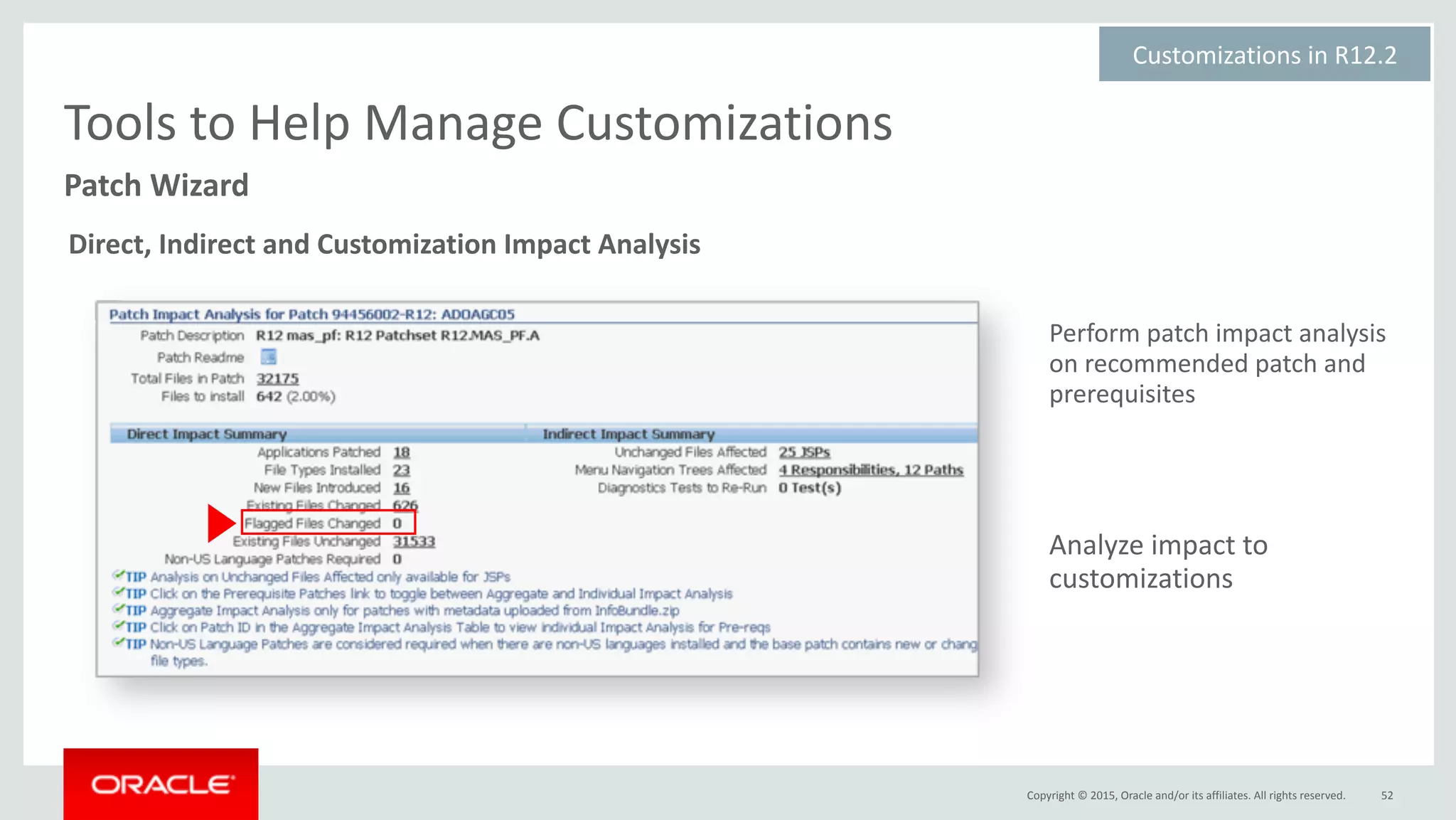 Copyright	©	2015,	Oracle	and/or	its	affiliates.	All	rights	reserved.
Perform	patch	impact	analysis	
on	recommended	patch	and	
prerequisites
52
Patch	Wizard
Tools	to	Help	Manage	Customizations
Analyze	impact	to	
customizations
Customizations	in	R12.2	
Direct,	Indirect	and	Customization	Impact	Analysis	
 