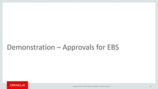 Copyright © 2015, Oracle and/or its affiliates. All rights reserved. |
Demonstration – Approvals for EBS
31
 
