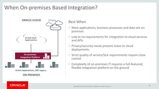 Copyright © 2015, Oracle and/or its affiliates. All rights reserved. |
40
When On-premises Based Integration?
Oracle Applications, SAP, legacy…
ON-PREMISES
3rd PartyORACLE CLOUD
Salesforce
Oracle SaaS
Applications
On-premises
Integration Platform
Best When
• Most applications, business processes and data are on-
premises
• Low to no requirements for integration to cloud services
and APIs
• Privacy/security needs prevent move to cloud
deployments
• Strict quality of service/SLA requirements require close
control
• Complexity of on-premises IT requires a full-featured,
flexible integration platform on the ground
 