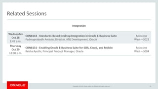 Copyright © 2015, Oracle and/or its affiliates. All rights reserved. |
Related Sessions
Integration
Wednesday
Oct 28
1:45 p.m.
CON8143 - Standards-Based Desktop Integration in Oracle E-Business Suite
Padmaprabodh Ambale, Director, ATG Development, Oracle
Moscone
West—3022
Thursday
Oct 29
12:00 p.m.
CON8131 - Enabling Oracle E-Business Suite for SOA, Cloud, and Mobile
Rekha Ayothi, Principal Product Manager, Oracle
Moscone
West—3004
55
 