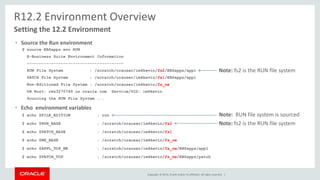 Copyright © 2014, Oracle and/or its affiliates. All rights reserved. |
R12.2 Environment Overview
$ source EBSapps.env RUN
E-Business Suite Environment Information
----------------------------------------
RUN File System : /scratch/orauser/im4kevin/fs2/EBSapps/appl
PATCH File System : /scratch/orauser/im4kevin/fs1/EBSapps/appl
Non-Editioned File System : /scratch/orauser/im4kevin/fs_ne
DB Host: rws3270749.us.oracle.com Service/SID: im4kevin
Sourcing the RUN File System ...
Setting the 12.2 Environment
$ echo $FILE_EDITION
$ echo $RUN_BASE
$ echo $PATCH_BASE
$ echo $NE_BASE
$ echo $APPL_TOP_NE
$ echo $PATCH_TOP
: run
: /scratch/orauser/im4kevin/fs2
: /scratch/orauser/im4kevin/fs1
: /scratch/orauser/im4kevin/fs_ne
: /scratch/orauser/im4kevin/fs_ne/EBSapps/appl
: /scratch/orauser/im4kevin/fs_ne/EBSapps/patch
• Echo environment variables
• Source the Run environment
Note: fs2 is the RUN file system
Note: RUN file system is sourced
Note: fs2 is the RUN file system
 