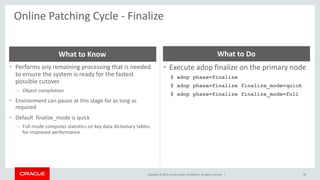 Copyright © 2014, Oracle and/or its affiliates. All rights reserved. |
Online Patching Cycle - Finalize
39
• Performs any remaining processing that is needed
to ensure the system is ready for the fastest
possible cutover
– Object compilation
• Environment can pause at this stage for as long as
required
• Default finalize_mode is quick
– Full mode computes statistics on key data dictionary tables
for improved performance
What to Know
• Execute adop finalize on the primary node
$ adop phase=finalize
$ adop phase=finalize finalize_mode=quick
$ adop phase=finalize finalize_mode=full
What to Do
 