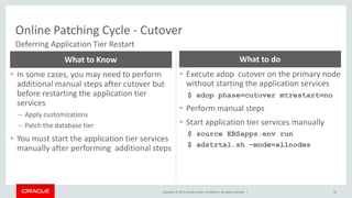 Copyright © 2014, Oracle and/or its affiliates. All rights reserved. |
Online Patching Cycle - Cutover
44
Deferring Application Tier Restart
• In some cases, you may need to perform
additional manual steps after cutover but
before restarting the application tier
services
– Apply customizations
– Patch the database tier
• You must start the application tier services
manually after performing additional steps
What to Know
• Execute adop cutover on the primary node
without starting the application services
$ adop phase=cutover mtrestart=no
• Perform manual steps
• Start application tier services manually
$ source EBSapps.env run
$ adstrtal.sh –mode=allnodes
What to do
 