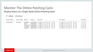 Copyright © 2014, Oracle and/or its affiliates. All rights reserved. |
Monitor The Online Patching Cycle
$ adop -status
Display Status of a Single Node Online Patching Cycle
Node Name Node Type Phase Status Started Finished Elapsed
------------- ---------- -------- --------- ------------------------------ ------------------------------ ------------
ebsnode01 Primary PREPARE COMPLETED 11-APR-15 04:10:19 -07:00 11-APR-15 04:13:55 -07:00 0:03:39
APPLY COMPLETED 11-APR-15 04:15:00 -07:00 11-APR-15 04:26:01 -07:00 0:11:01
FINALIZE COMPLETED 11-APR-15 04:27:02 -07:00 11-APR-15 04:28:40 -07:00 0:01:38
CUTOVER COMPLETED 11-APR-15 04:28:26 -07:00 11-APR-15 04:38:05 -07:00 0:09:39
CLEANUP COMPLETED 11-APR-15 04:45:02 -07:00 11-APR-15 04:46:11 -07:00 0:01:09
 
