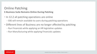 Copyright © 2014, Oracle and/or its affiliates. All rights reserved. |
Online Patching
• In 12.2 all patching operations are online
– EBS will remain available to users during patching operations
• Different lines of Business are no longer affected by patching
– Run Financials while applying an HR legislative updates
– Run Manufacturing while applying Financials updates
E-Business Suite Remains Online During Patching
 