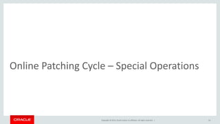 Copyright © 2014, Oracle and/or its affiliates. All rights reserved. |
Online Patching Cycle – Special Operations
54
 