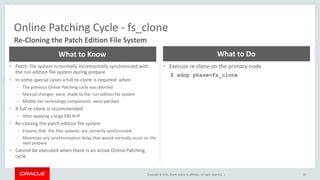 Copyright © 2014, Oracle and/or its affiliates. All rights reserved. |
Online Patching Cycle - fs_clone
55
Re-Cloning the Patch Edition File System
• Patch file system is normally incrementally synchronized with
the run edition file system during prepare
• In some special cases a full re-clone is required when
– The previous Online Patching cycle was aborted
– Manual changes were made to the run edition file system
– Middle-tier technology components were patched
• A full re-clone is recommended
– After applying a large EBS RUP
• Re-cloning the patch edition file system
– Ensures that the files systems are correctly synchronized
– Minimizes any synchronization delay that would normally occur on the
next prepare
• Cannot be executed when there is an active Online Patching
cycle
What to Know
• Execute re-clone on the primary node
$ adop phase=fs_clone
What to Do
 