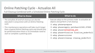 Copyright © 2014, Oracle and/or its affiliates. All rights reserved. |
Online Patching Cycle - Actualize All
59
Full Cleanup Combined with a Scheduled Online Patching Cycle
• The actualize all and full cleanup can also be
executed in conjunction with an Online Patching
cycle
• This maintenance operations will take much longer
than a typical Online Patching cycle and should only
be performed when there is no immediate need to
start or complete a patching cycle
What to Know
• Execute adop on the primary node to actualize all
objects and perform a full cleanup
$ adop phase=prepare
$ adop phase=apply patches=12345,67890
$ adop phase=actualize_all
$ adop phase=finalize finalize_mode=full
$ adop phase=cutover
$ adop phase=cleanup cleanup_mode=full
What to do
 