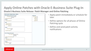 Copyright © 2014, Oracle and/or its affiliates. All rights reserved. | 66
Apply Online Patches with Oracle E-Business Suite Plug-In
Oracle E-Business Suite Release Patch Manager and Online Patching
• Apply patch immediately or schedule for
later
• Define options for all phases of Online
Patching cycle
• Define and send patch activity
notifications
 