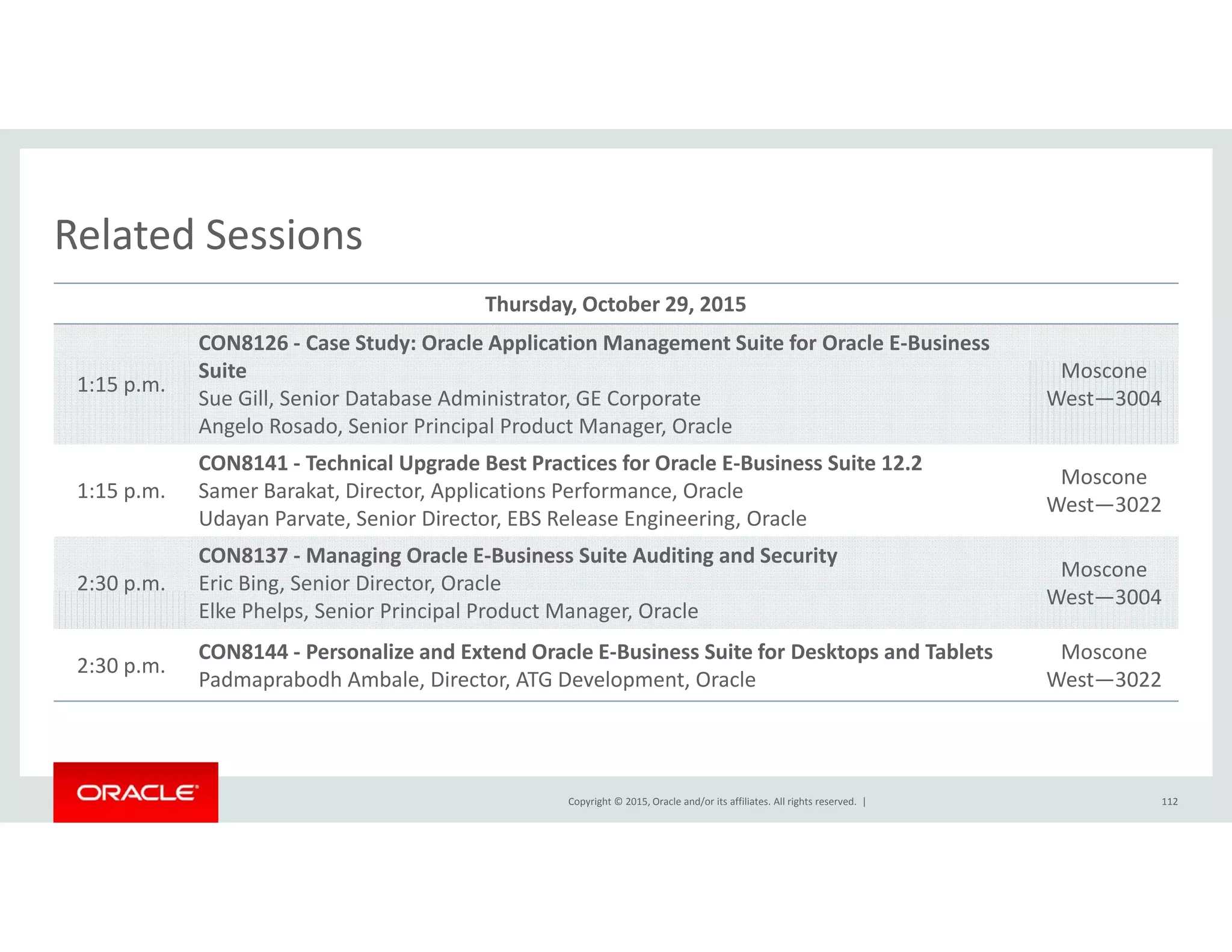 Related SessionsRelated Sessions
Thursday, October 29, 2015
CON8126 ‐ Case Study: Oracle Application Management Suite for Oracle E‐Business 
1:15 p.m.
Suite
Sue Gill, Senior Database Administrator, GE Corporate
Angelo Rosado, Senior Principal Product Manager, Oracle
Moscone
West—3004
CON8141 ‐ Technical Upgrade Best Practices for Oracle E‐Business Suite 12.2
Moscone
1:15 p.m. Samer Barakat, Director, Applications Performance, Oracle
Udayan Parvate, Senior Director, EBS Release Engineering, Oracle
Moscone
West—3022
2:30 p.m.
CON8137 ‐ Managing Oracle E‐Business Suite Auditing and Security
Eric Bing, Senior Director, Oracle
Moscone
W t 3004
p g, ,
Elke Phelps, Senior Principal Product Manager, Oracle
West—3004
2:30 p.m.
CON8144 ‐ Personalize and Extend Oracle E‐Business Suite for Desktops and Tablets
Padmaprabodh Ambale, Director, ATG Development, Oracle
Moscone
West—3022
Copyright © 2015, Oracle and/or its affiliates. All rights reserved.  | 112
 