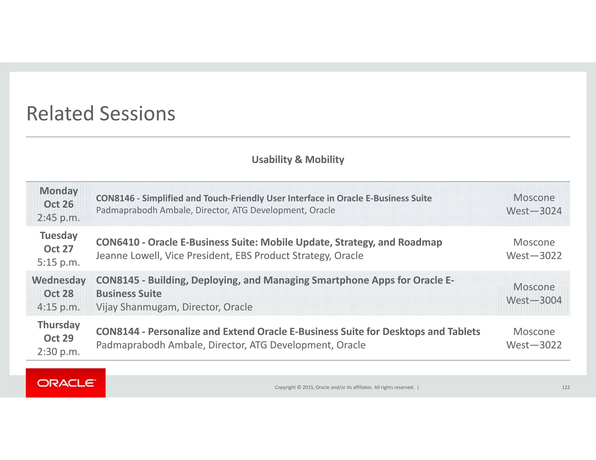 Related SessionsRelated Sessions
Usability & Mobility
Monday
Oct 26
2:45 p.m.
CON8146 ‐ Simplified and Touch‐Friendly User Interface in Oracle E‐Business Suite
Padmaprabodh Ambale, Director, ATG Development, Oracle
Moscone
West—3024
Tuesday
Oct 27
5:15 p.m.
CON6410 ‐ Oracle E‐Business Suite: Mobile Update, Strategy, and Roadmap
Jeanne Lowell, Vice President, EBS Product Strategy, Oracle
Moscone
West—3022
Wednesday CON8145 ‐ Building, Deploying, and Managing Smartphone Apps for Oracle E‐
Moscone
Oct 28
4:15 p.m.
Business Suite
Vijay Shanmugam, Director, Oracle
Moscone
West—3004
Thursday
Oct 29
CON8144 ‐ Personalize and Extend Oracle E‐Business Suite for Desktops and Tablets
P d b dh A b l Di ATG D l O l
Moscone
W 3022
Copyright © 2015, Oracle and/or its affiliates. All rights reserved.  |
Oct 29
2:30 p.m.
Padmaprabodh Ambale, Director, ATG Development, Oracle West—3022
122
 
