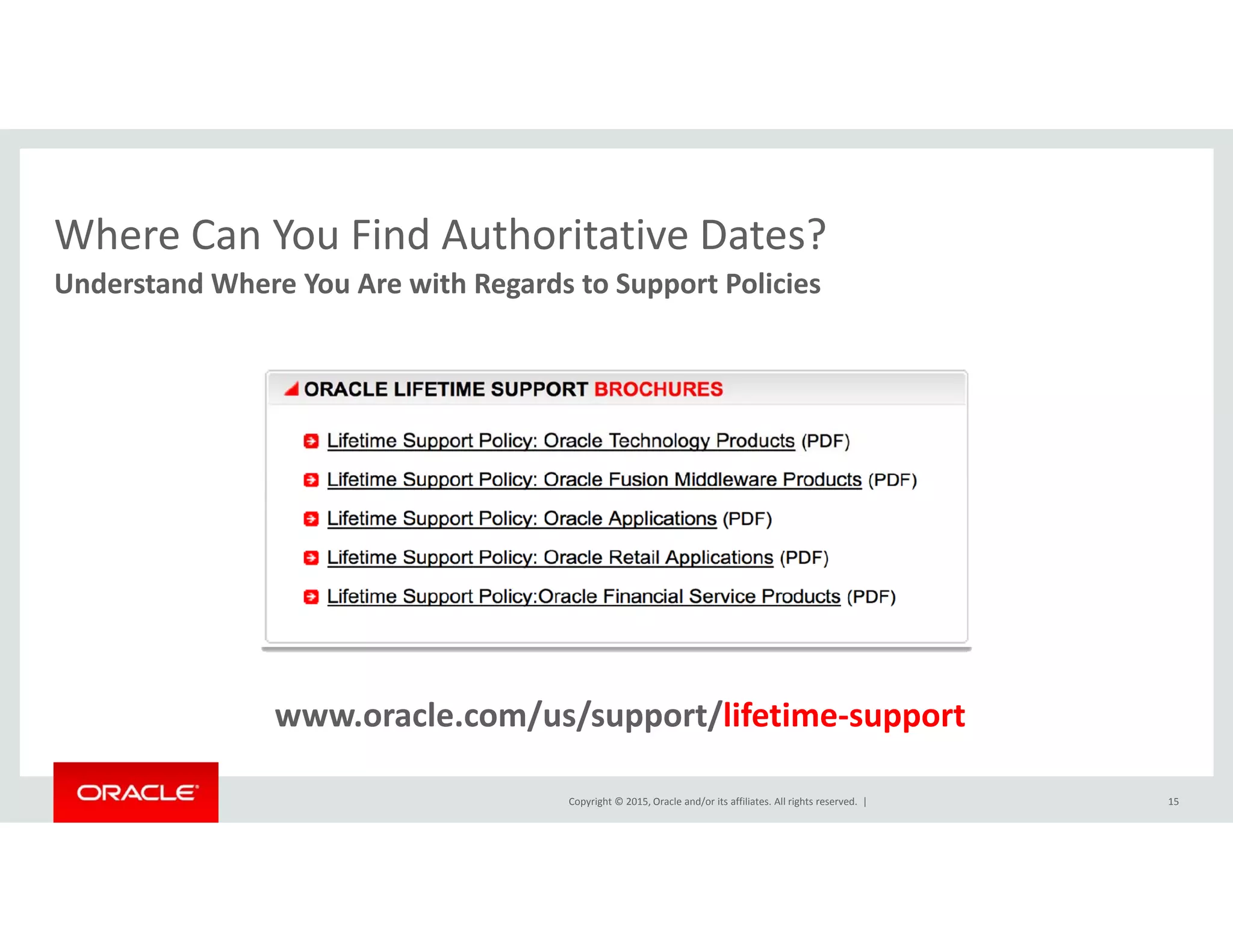 Where Can You Find Authoritative Dates?Where Can You Find Authoritative Dates?
Understand Where You Are with Regards to Support Policies
l / / t/lif ti t
Copyright © 2015, Oracle and/or its affiliates. All rights reserved.  | 15
www.oracle.com/us/support/lifetime‐support
 