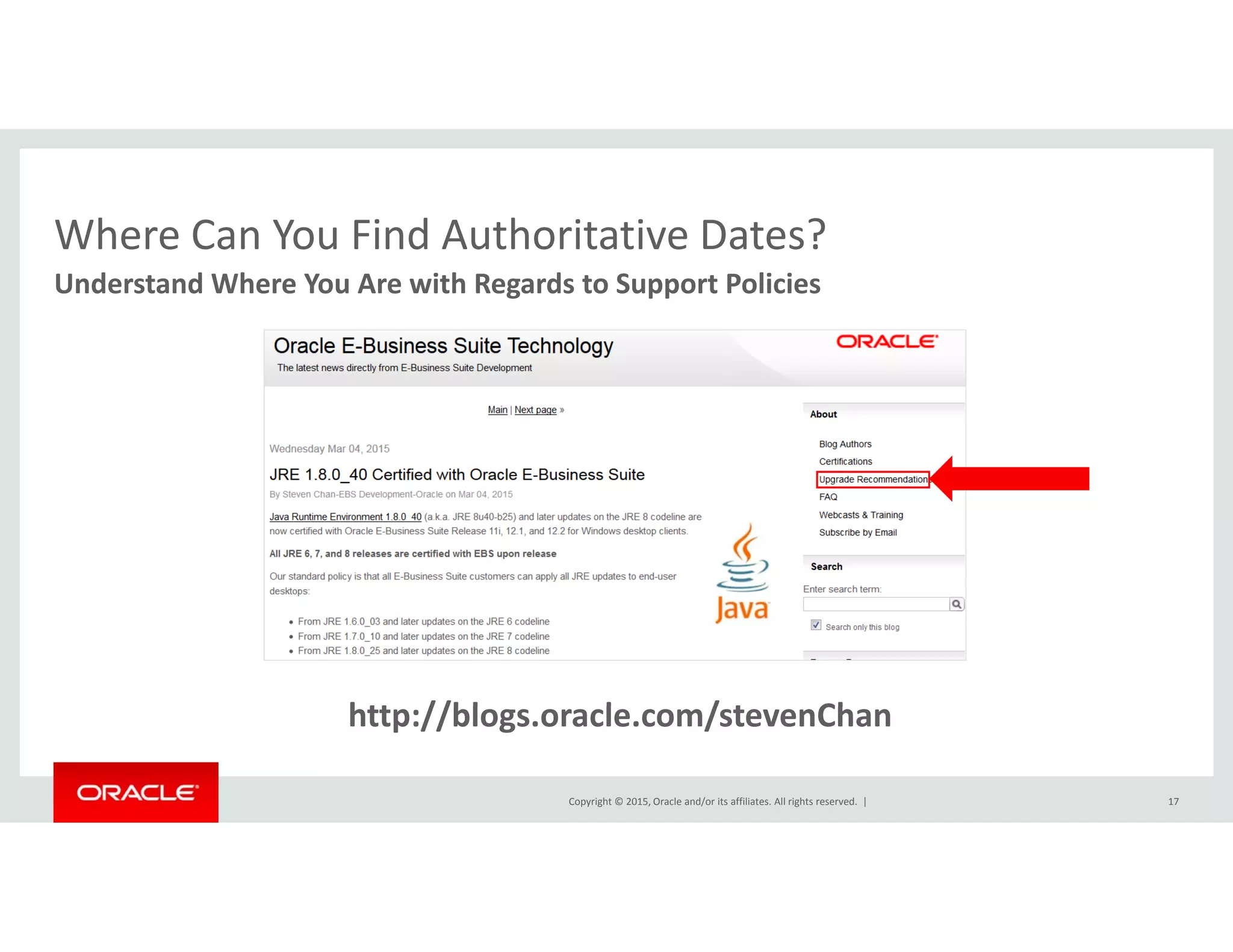 Where Can You Find Authoritative Dates?Where Can You Find Authoritative Dates?
Understand Where You Are with Regards to Support Policies
htt //bl l / t Ch
Copyright © 2015, Oracle and/or its affiliates. All rights reserved.  | 17
http://blogs.oracle.com/stevenChan
 