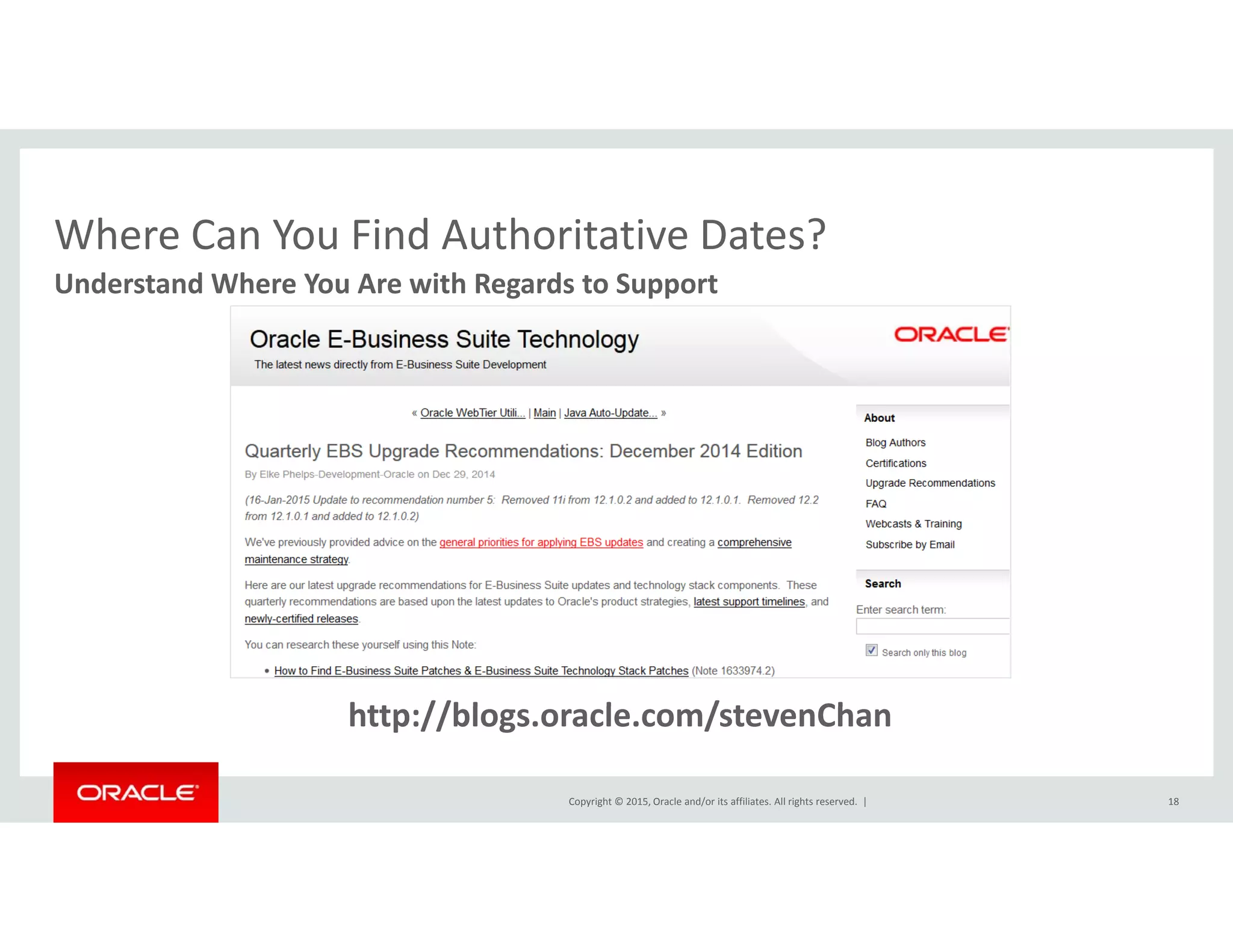 Where Can You Find Authoritative Dates?Where Can You Find Authoritative Dates?
Understand Where You Are with Regards to Support
htt //bl l / t Ch
Copyright © 2015, Oracle and/or its affiliates. All rights reserved.  | 18
http://blogs.oracle.com/stevenChan
 