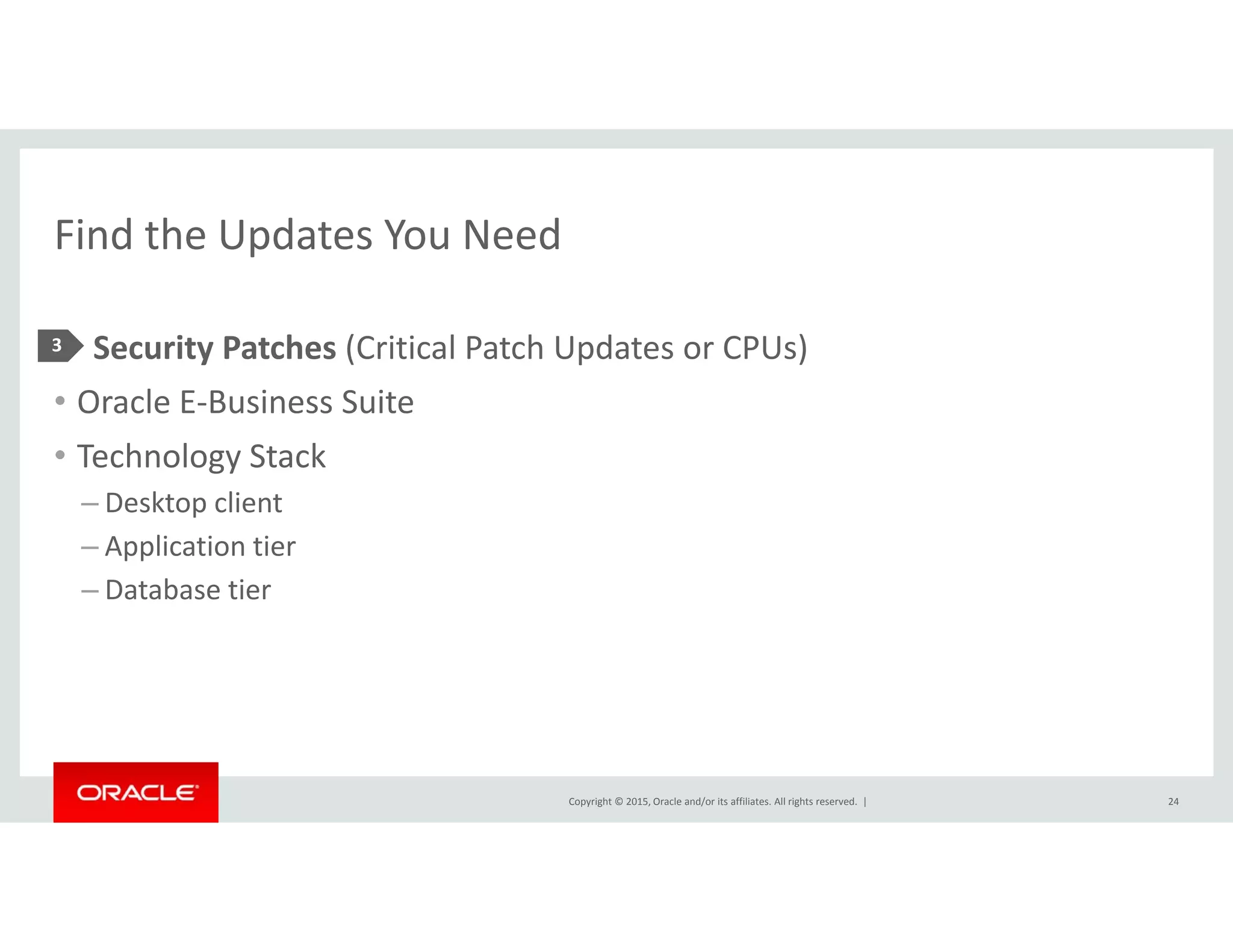 Find the Updates You NeedFind the Updates You Need
• Security Patches (Critical Patch Updates or CPUs)3 y ( p )
• Oracle E‐Business Suite
• Technology Stack
– Desktop client
– Application tier
– Database tier– Database tier
Copyright © 2015, Oracle and/or its affiliates. All rights reserved.  | 24
 